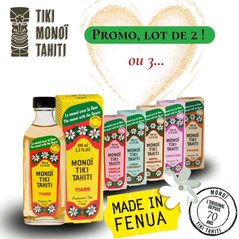 Lot promotionnel de 2 ou 3 flacons de Monoï de Tahiti® parmi Fleur de Tiaré, Coco, Vanille, Ylang, Tipanié et Santal, par TIKI Monoï Tahiti