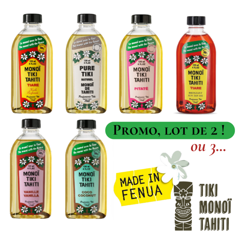 Lot promotionnel de 2 ou 3 flacons de Monoï de Tahiti® parmi Fleur de Tiaré, Coco, Vanille, Ylang, Pitaté et Santal, par TIKI Monoï Tahiti