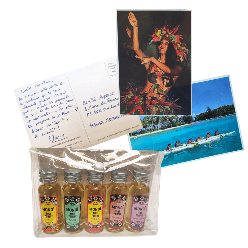 Pochette d'échantillons de voyage avec 5 monoï de Tahiti TIKI