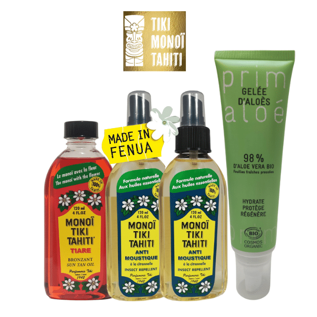 Offre promotionnelle d'été "soleil sans moustiques" TIKI Monoï Tahiti avec anti moustiques, gel d'aloé et monoï de tahiti® bronzant parfumé à la fleur de Tiaré