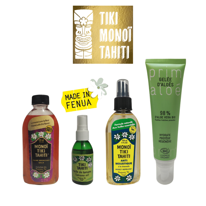 Promo coffret cadeau Eté Indien (Monoï de tahiti® pailleté + anti moustique + huile de calophylle + gel d'Aloe par TIKI monoi Tahiti