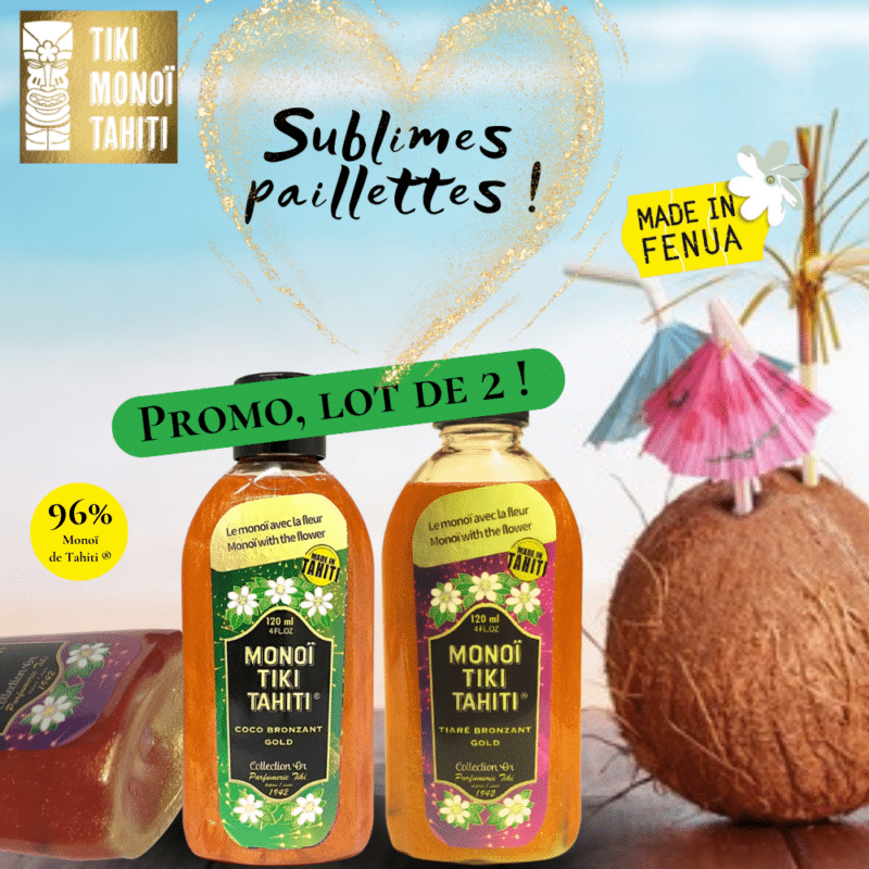 Lot de 2 Monoï de Tahiti® pailletés, Tiaré et Coco | Tiki Monoï Tahiti