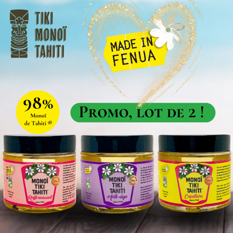 Promotion : lot de 2 Monoï de Tahiti®Spéciaux parmi Anti-âge, Raffermissant et Capillaire aux huiles essentielles par TIKI Monoï Tahiti