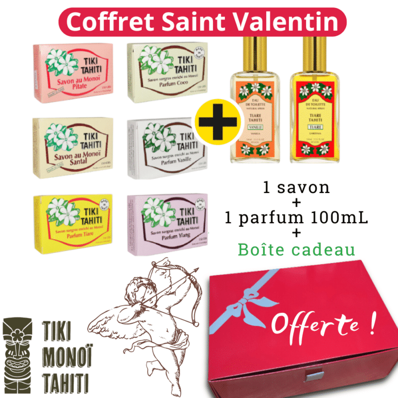 Coffret St Valentin savon au Monoï de Tahiti® + eau de toilette parfum Vanille ou fleur de tiaré par TIKI Monoi Tahiti