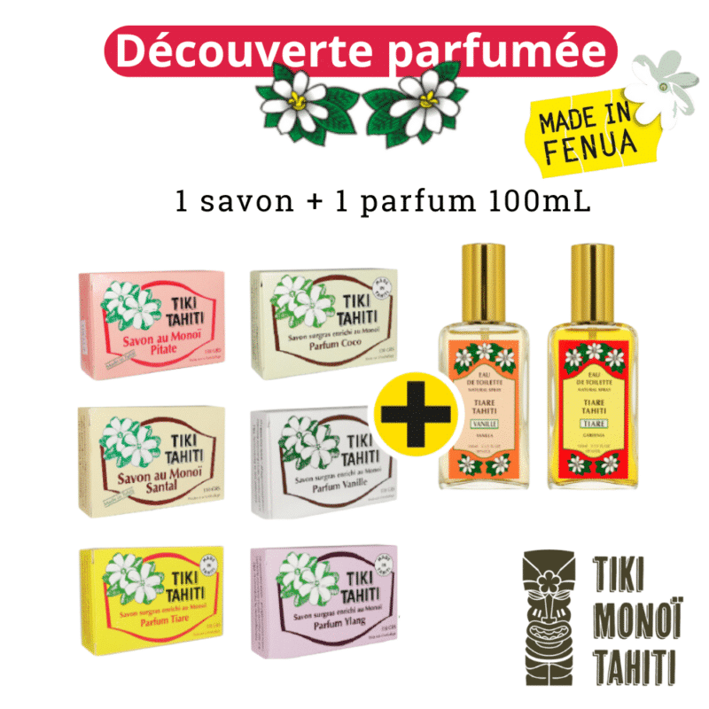 Escale parfumée : parfum et savon au Monoï de Tahiti® TIKI composé d'une eau de toilette (Vanille ou fleur de tiaré) et d'un parfum au Monoi de Tahiti TIKI (Tiaré, Vanille, Coco, Pitate, Ylang ou Santal)